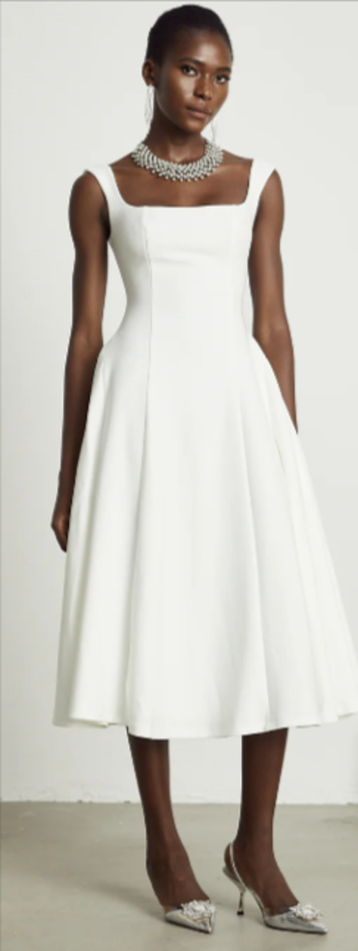 Miss Rosier Thala White Pleated Flared Midi Dress Square Neck Sleeveless M 4-10